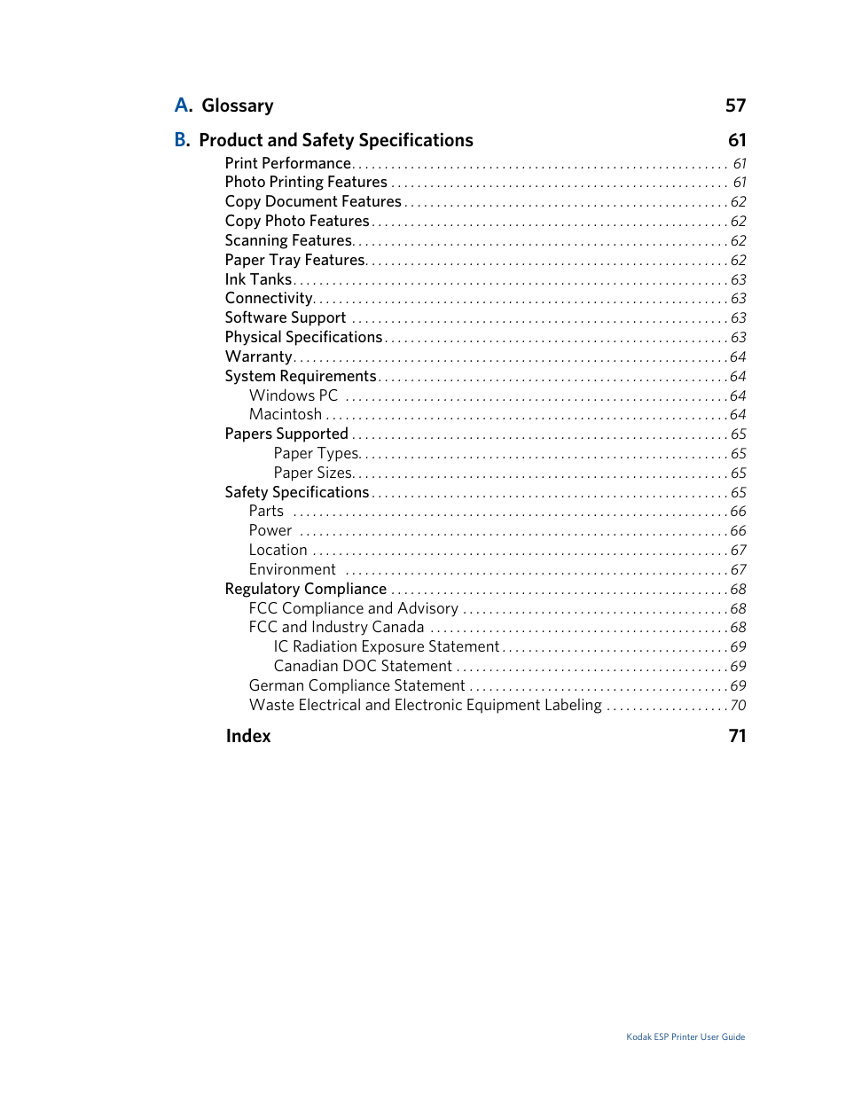 Index 71 | Kodak ESP 5 User Manual | Page 6 / 79