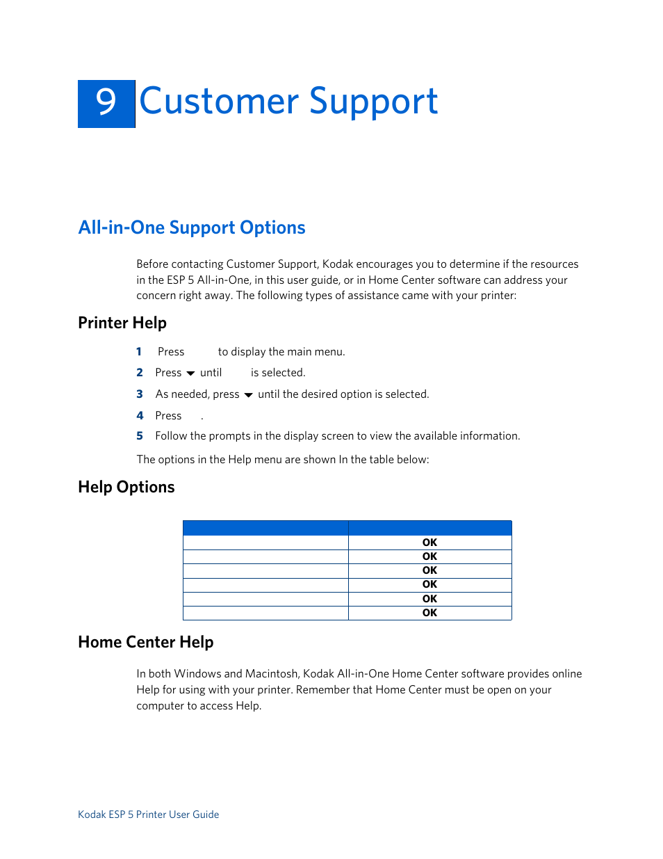 Customer support, All-in-one support options, Printer help | Help options, Home center help, 9customer support, Help options home center help | Kodak ESP 5 User Manual | Page 61 / 79