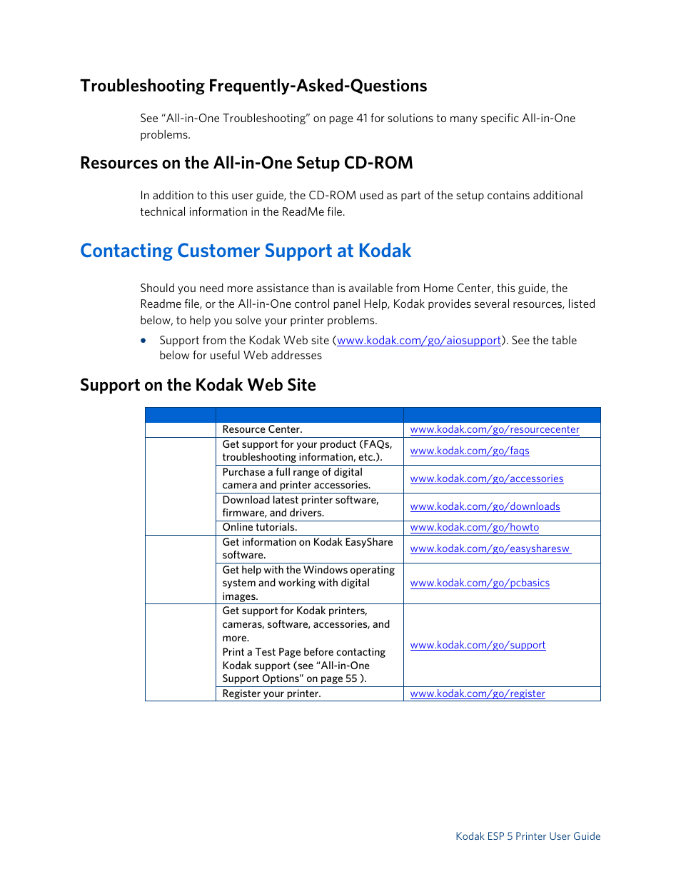 Troubleshooting frequently-asked-questions, Resources on the all-in-one setup cd-rom, Contacting customer support at kodak | Support on the kodak web site | Kodak ESP 5 User Manual | Page 62 / 79