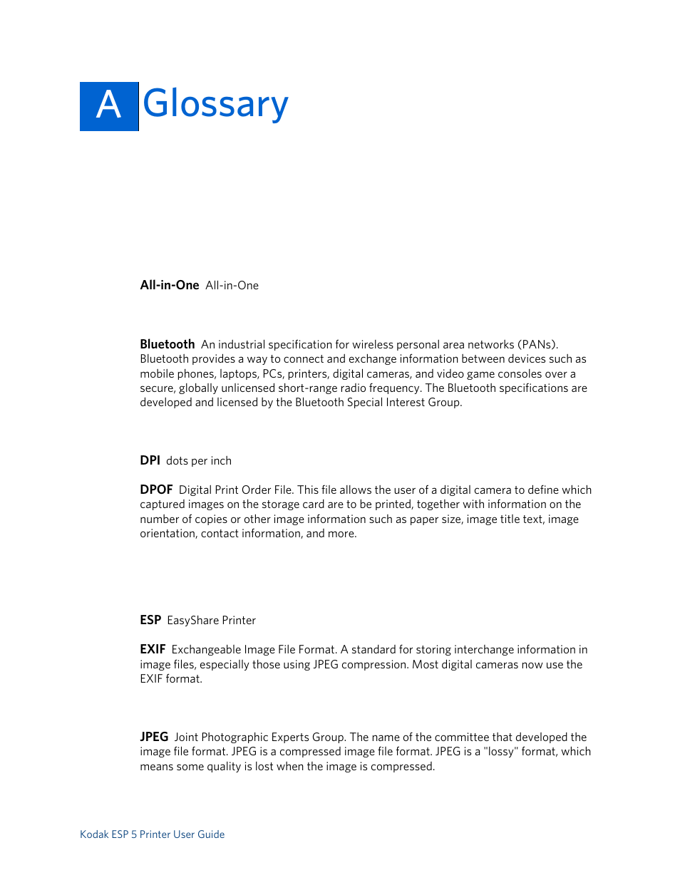 Glossary, Aglossary | Kodak ESP 5 User Manual | Page 63 / 79