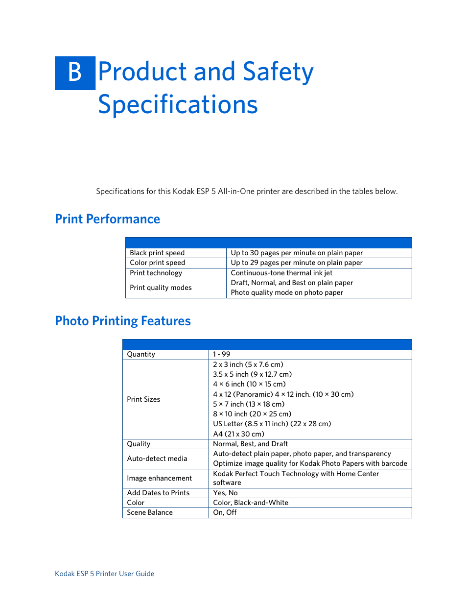 Product and safety specifications, Print performance, Photo printing features | Bproduct and safety specifications b, Print performance photo printing features | Kodak ESP 5 User Manual | Page 67 / 79