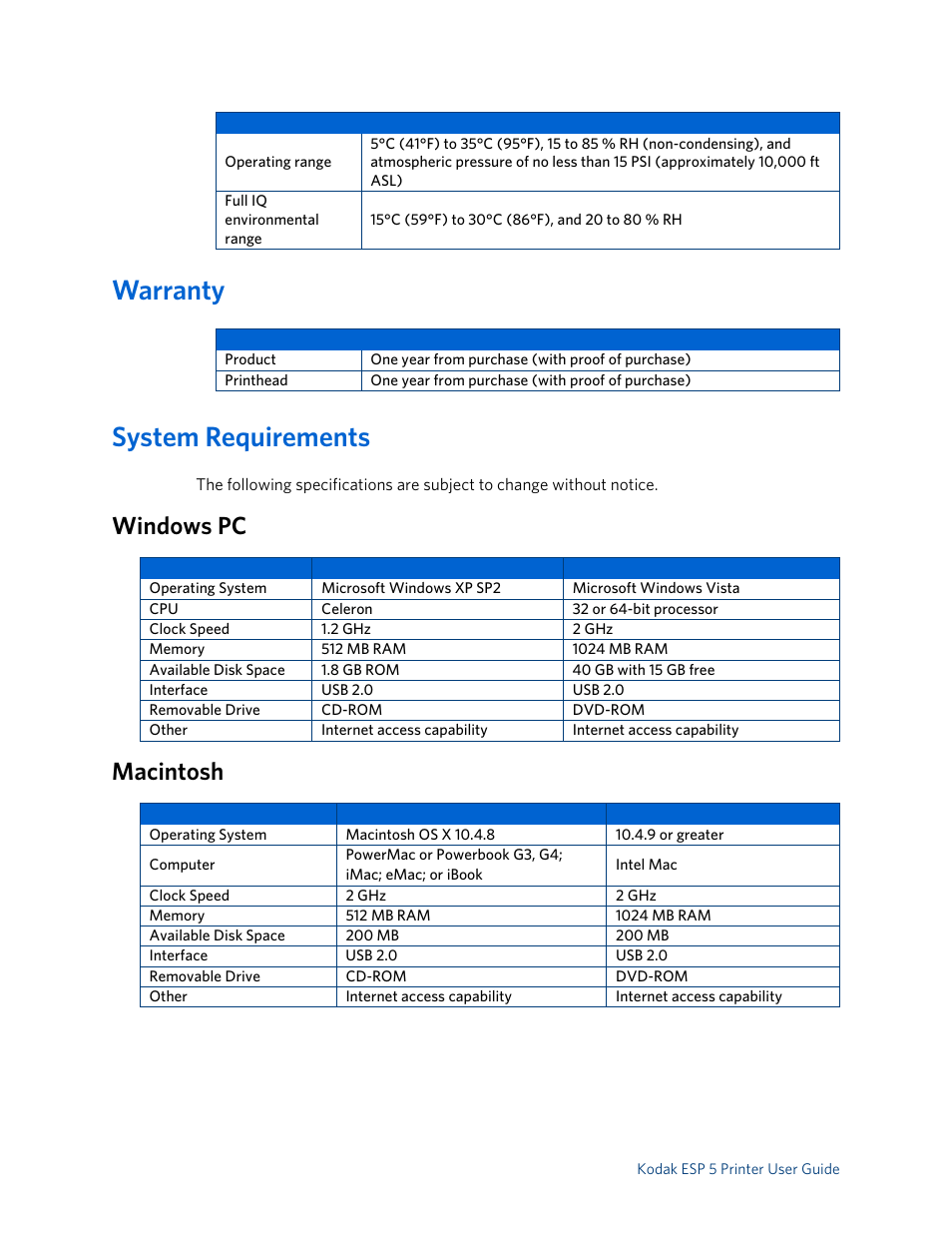 Warranty, System requirements, Windows pc | Macintosh, Warranty system requirements, Windows pc macintosh | Kodak ESP 5 User Manual | Page 70 / 79