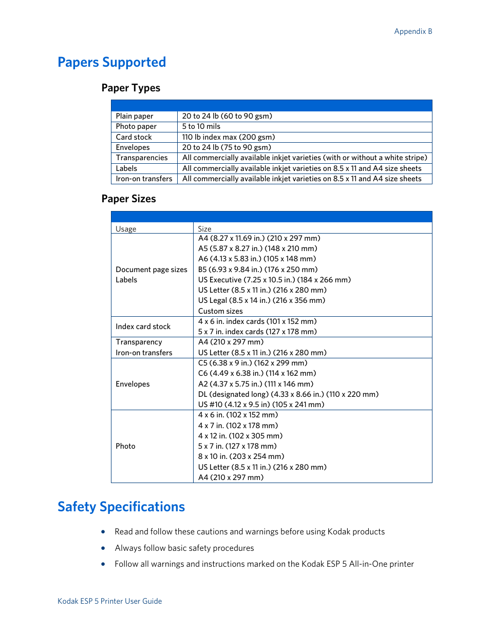 Papers supported, Paper types, Paper sizes | Safety specifications, Paper types paper sizes | Kodak ESP 5 User Manual | Page 71 / 79