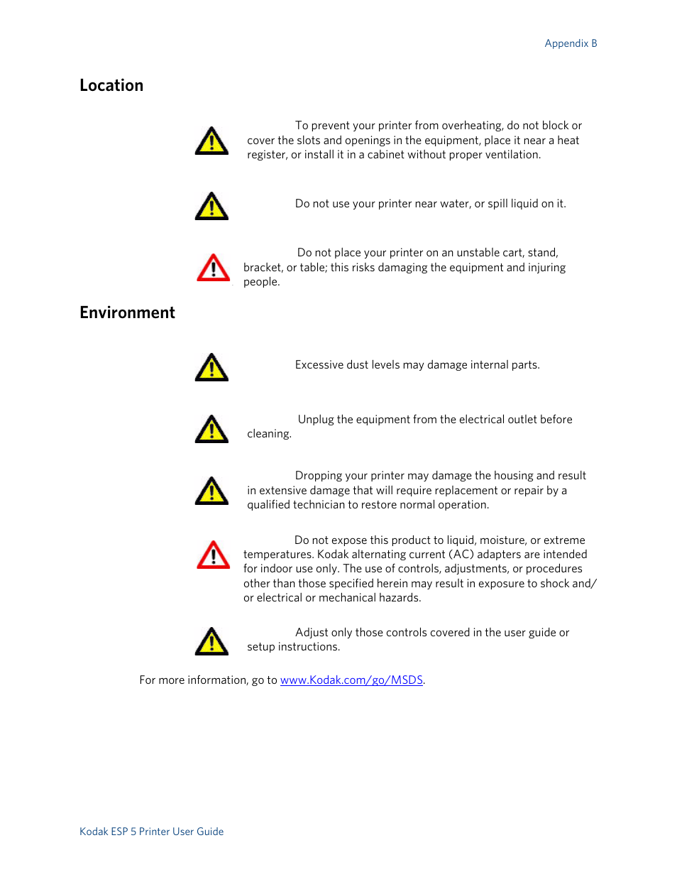 Location, Environment, Location environment | Kodak ESP 5 User Manual | Page 73 / 79