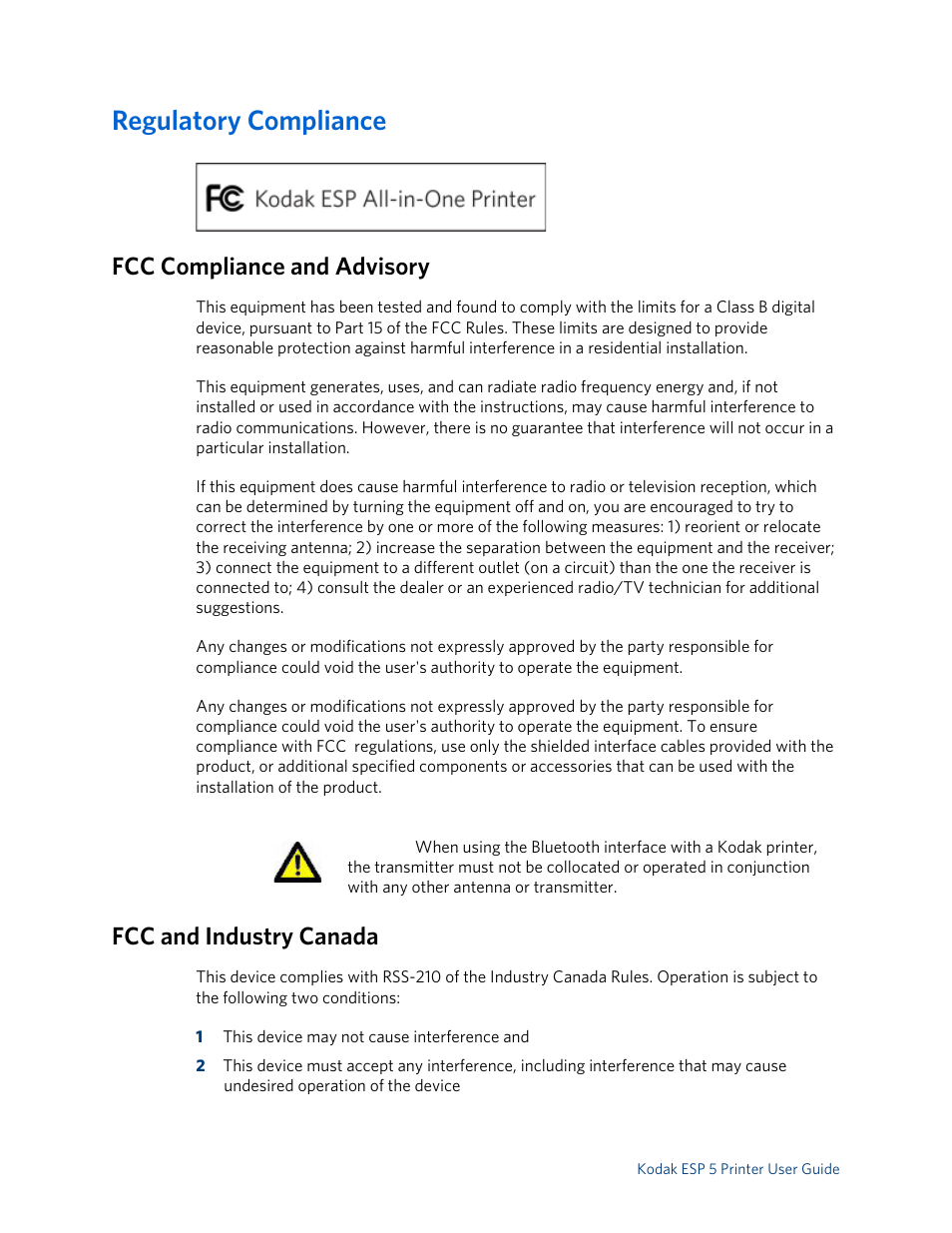 Regulatory compliance, Fcc compliance and advisory, Fcc and industry canada | Kodak ESP 5 User Manual | Page 74 / 79