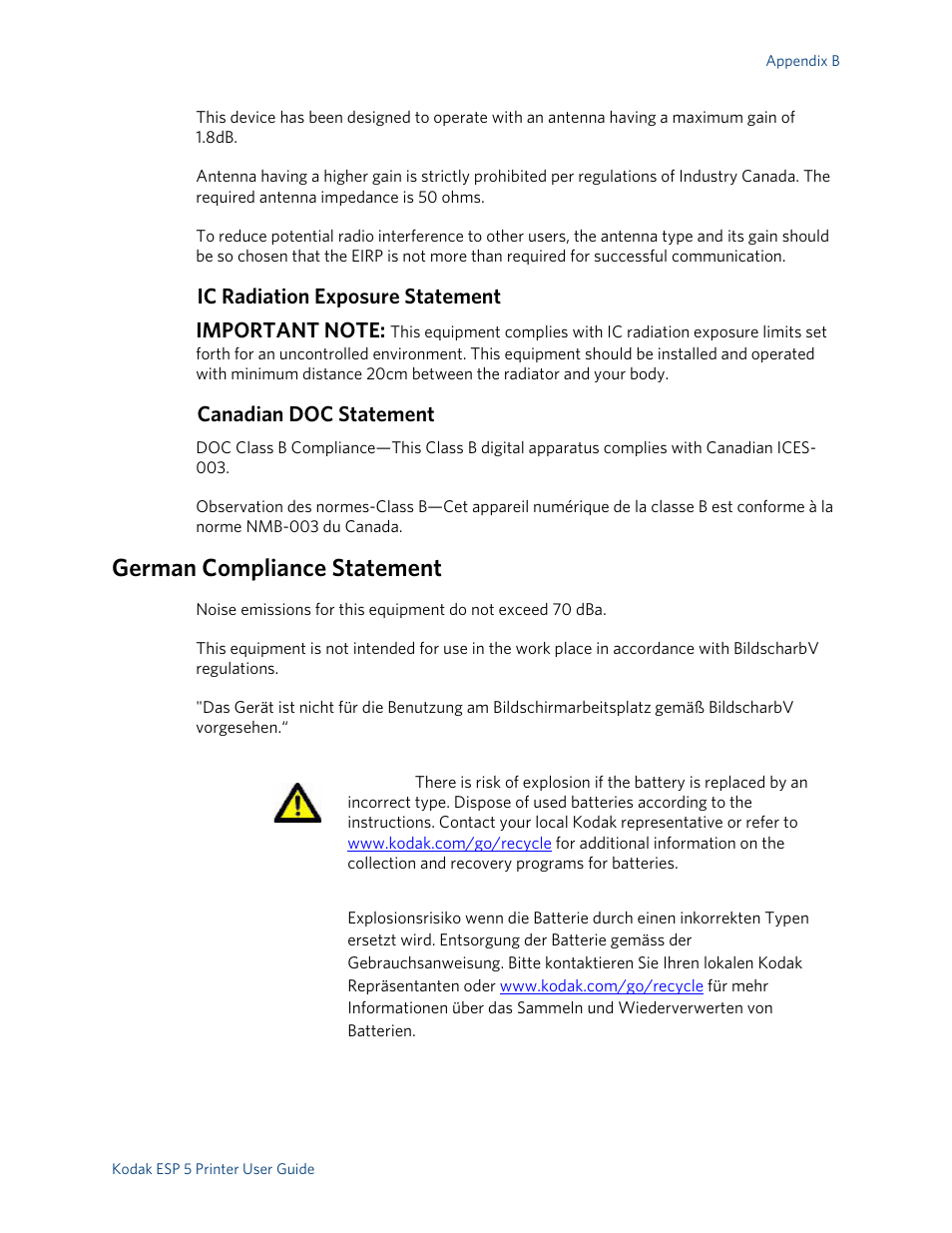 Ic radiation exposure statement, Canadian doc statement, German compliance statement | Kodak ESP 5 User Manual | Page 75 / 79