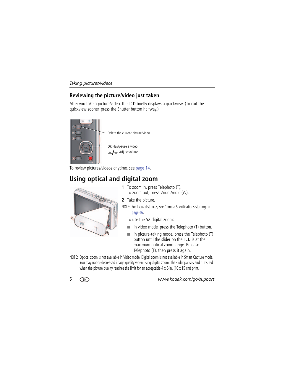 Reviewing the picture/video just taken, Using optical and digital zoom | Kodak MD81 User Manual | Page 12 / 66
