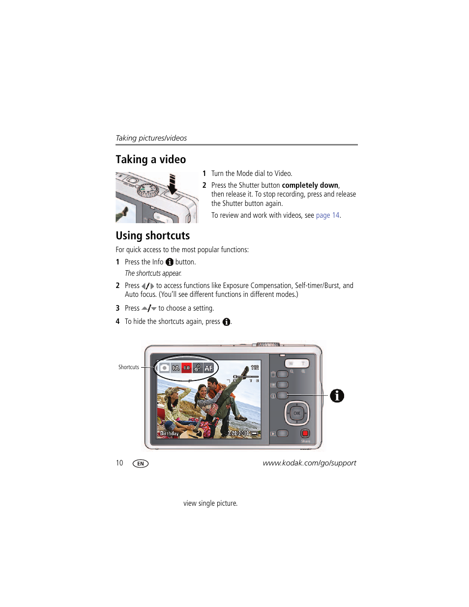 Taking a video, Using shortcuts, Taking a video using shortcuts | Kodak MD81 User Manual | Page 16 / 66