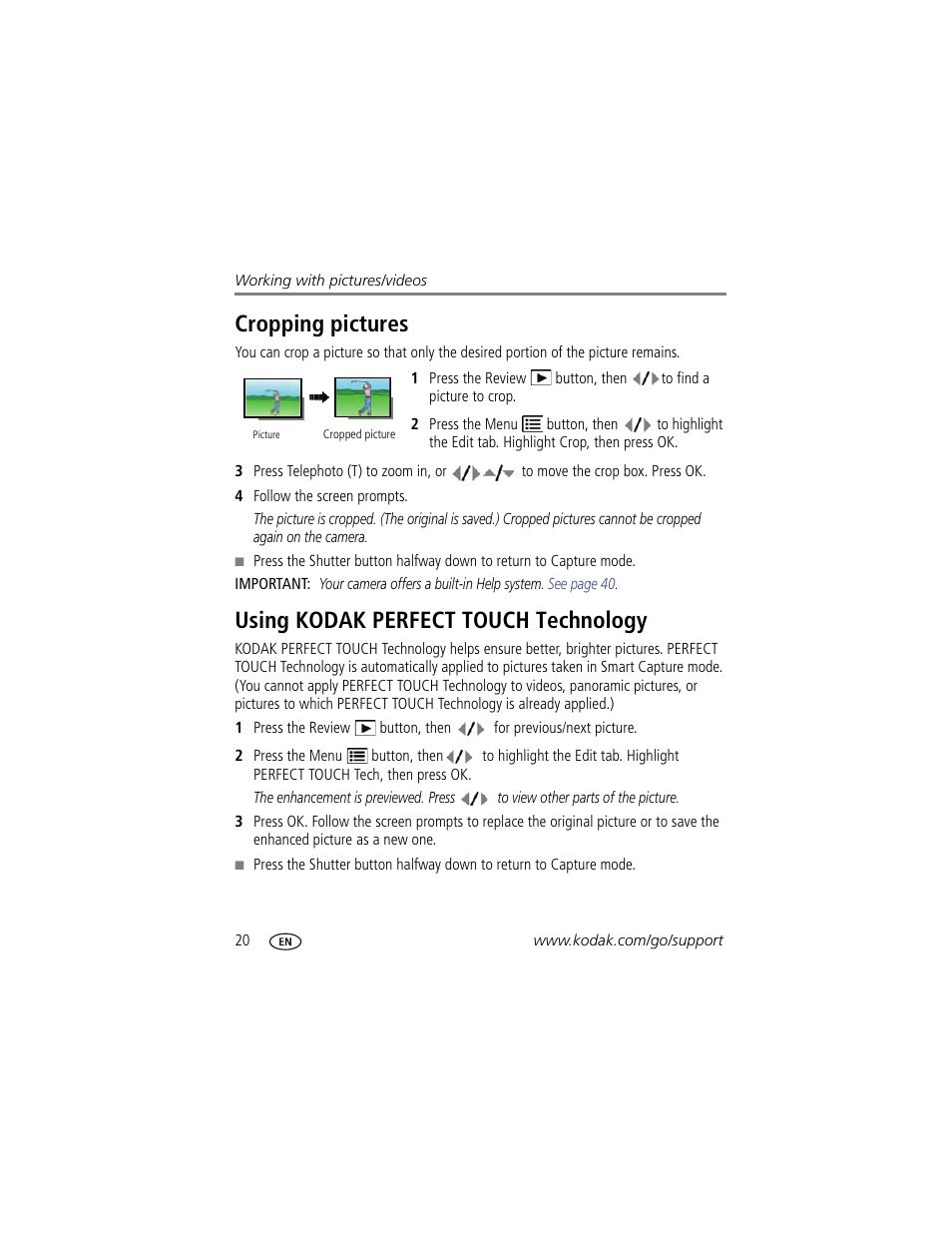 Cropping pictures, Using kodak perfect touch technology | Kodak MD81 User Manual | Page 26 / 66