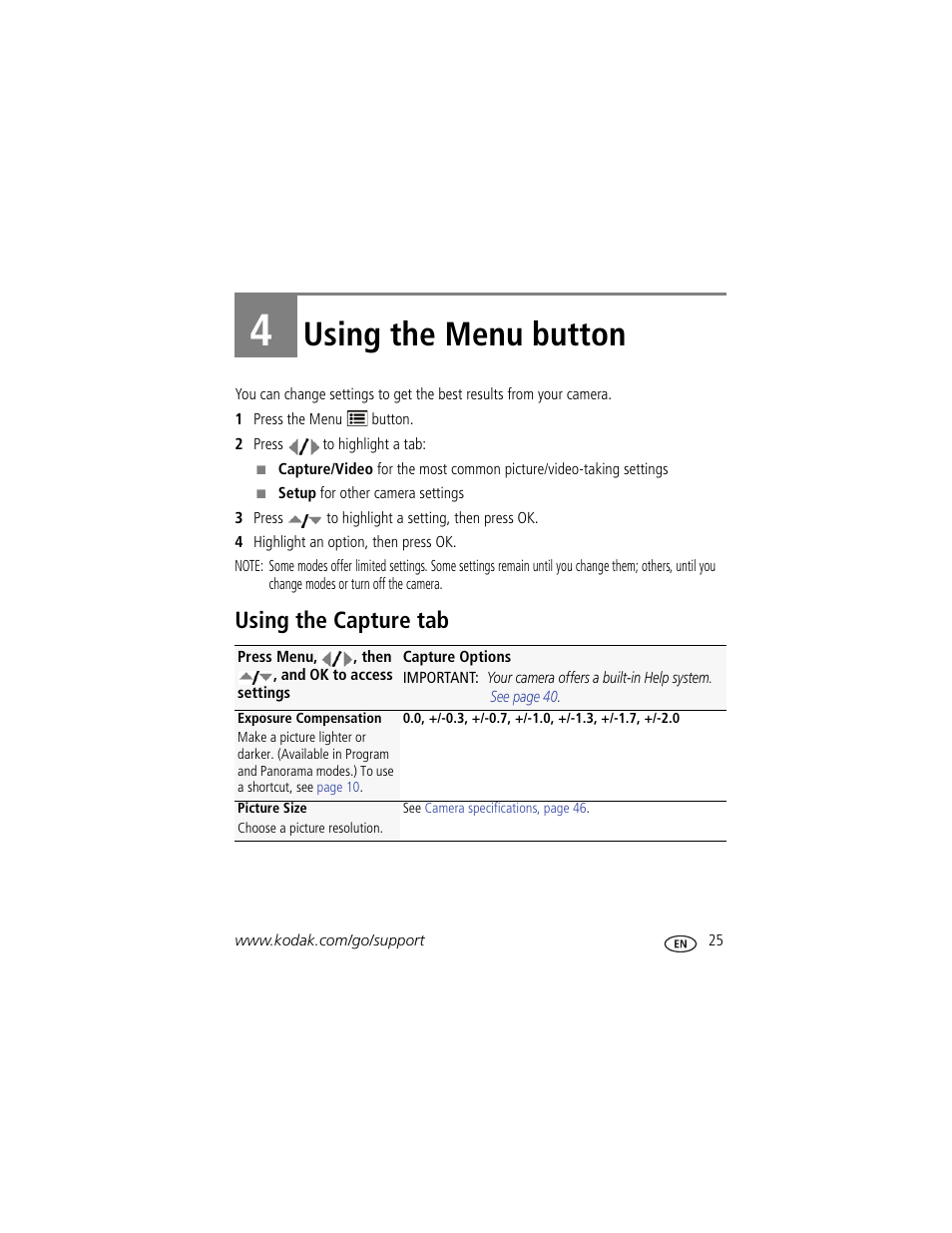 Using the menu button, Using the capture tab, 4 using the menu button | Kodak MD81 User Manual | Page 31 / 66