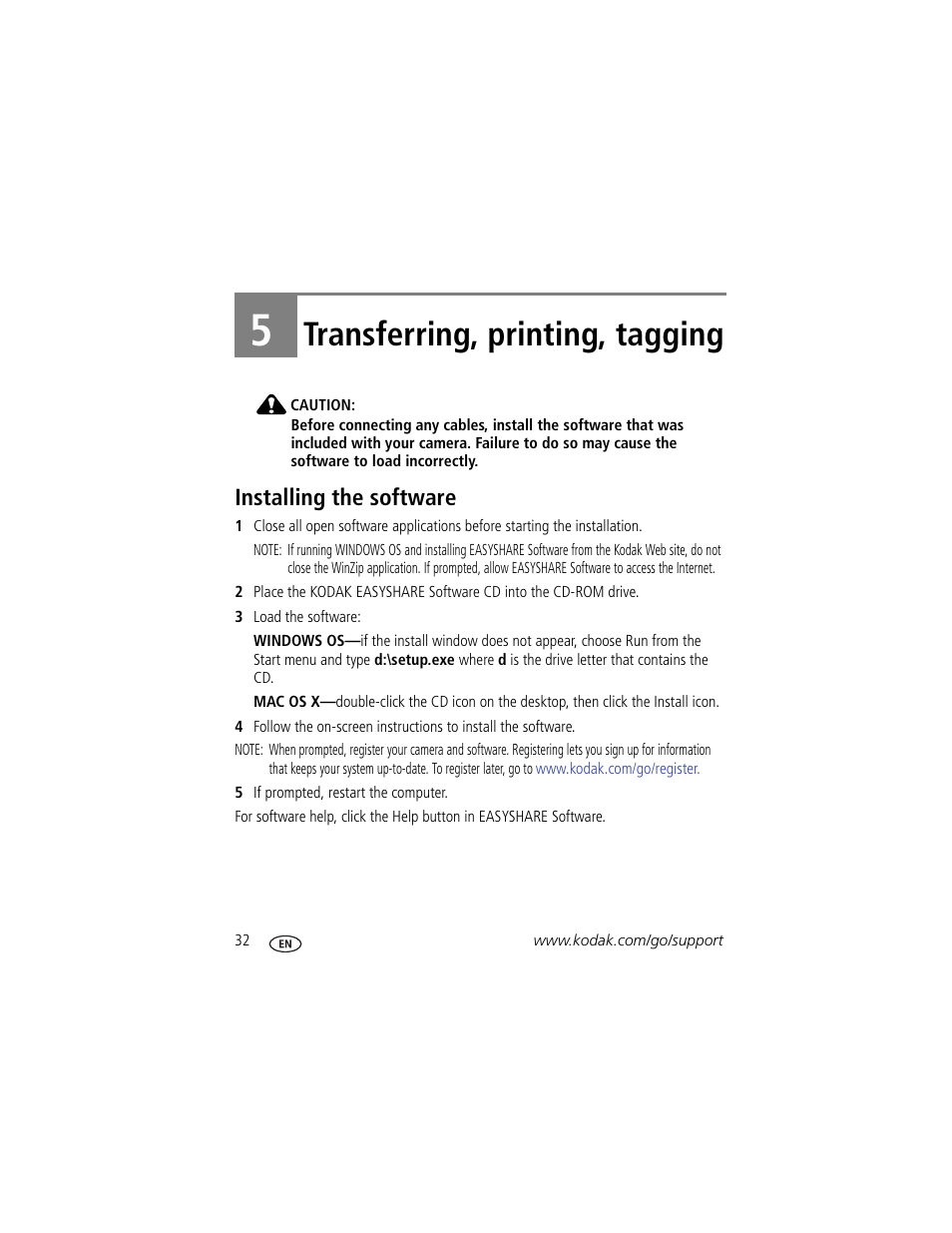 Transferring, printing, tagging, Installing the software, 5 transferring, printing, tagging | Kodak MD81 User Manual | Page 38 / 66