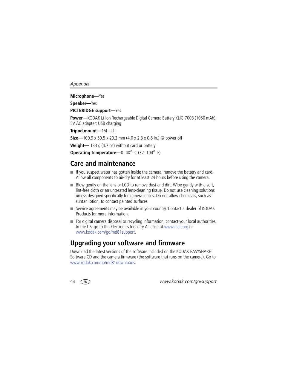 Care and maintenance, Upgrading your software and firmware, The lens | Kodak MD81 User Manual | Page 54 / 66