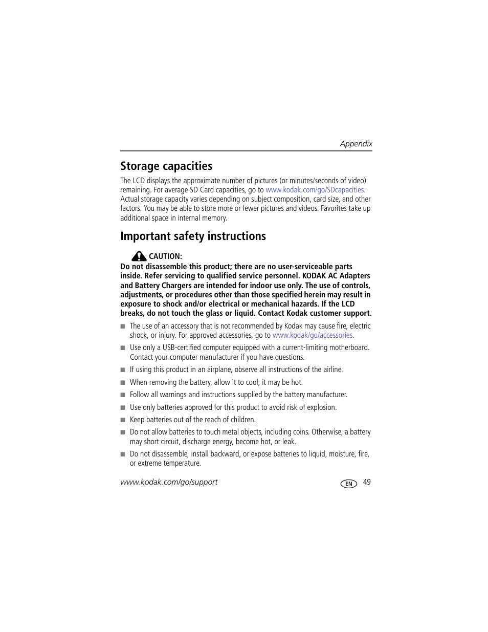 Storage capacities, Important safety instructions, Storage capacities important safety instructions | Kodak MD81 User Manual | Page 55 / 66