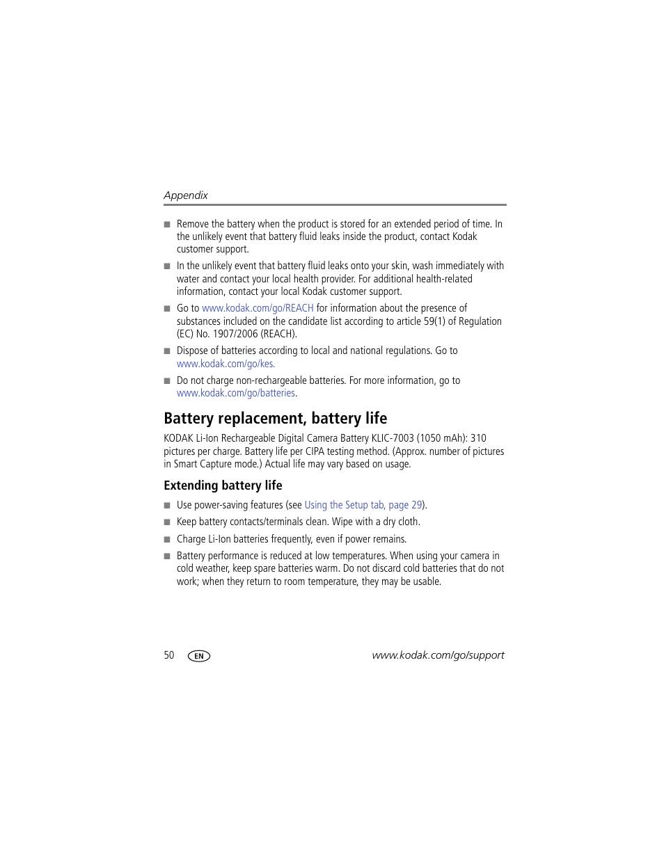 Battery replacement, battery life, Extending battery life, Alled | Kodak MD81 User Manual | Page 56 / 66