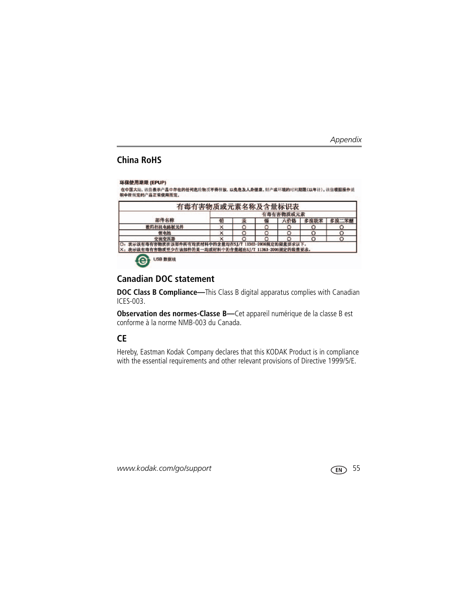 China rohs, Canadian doc statement | Kodak MD81 User Manual | Page 61 / 66