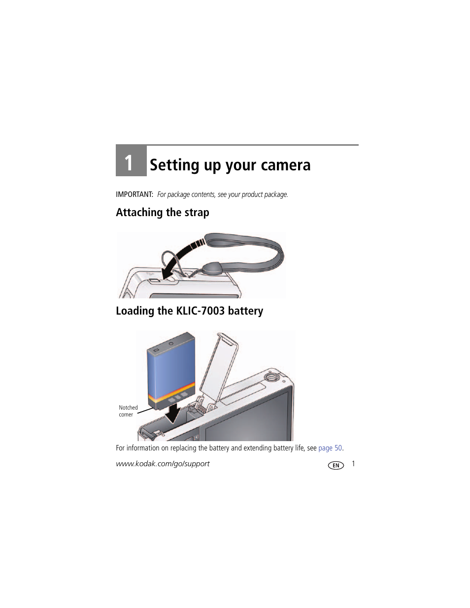 Setting up your camera, Attaching the strap, Loading the klic-7003 battery | 1 setting up your camera, Attaching the strap loading the klic-7003 battery | Kodak MD81 User Manual | Page 7 / 66