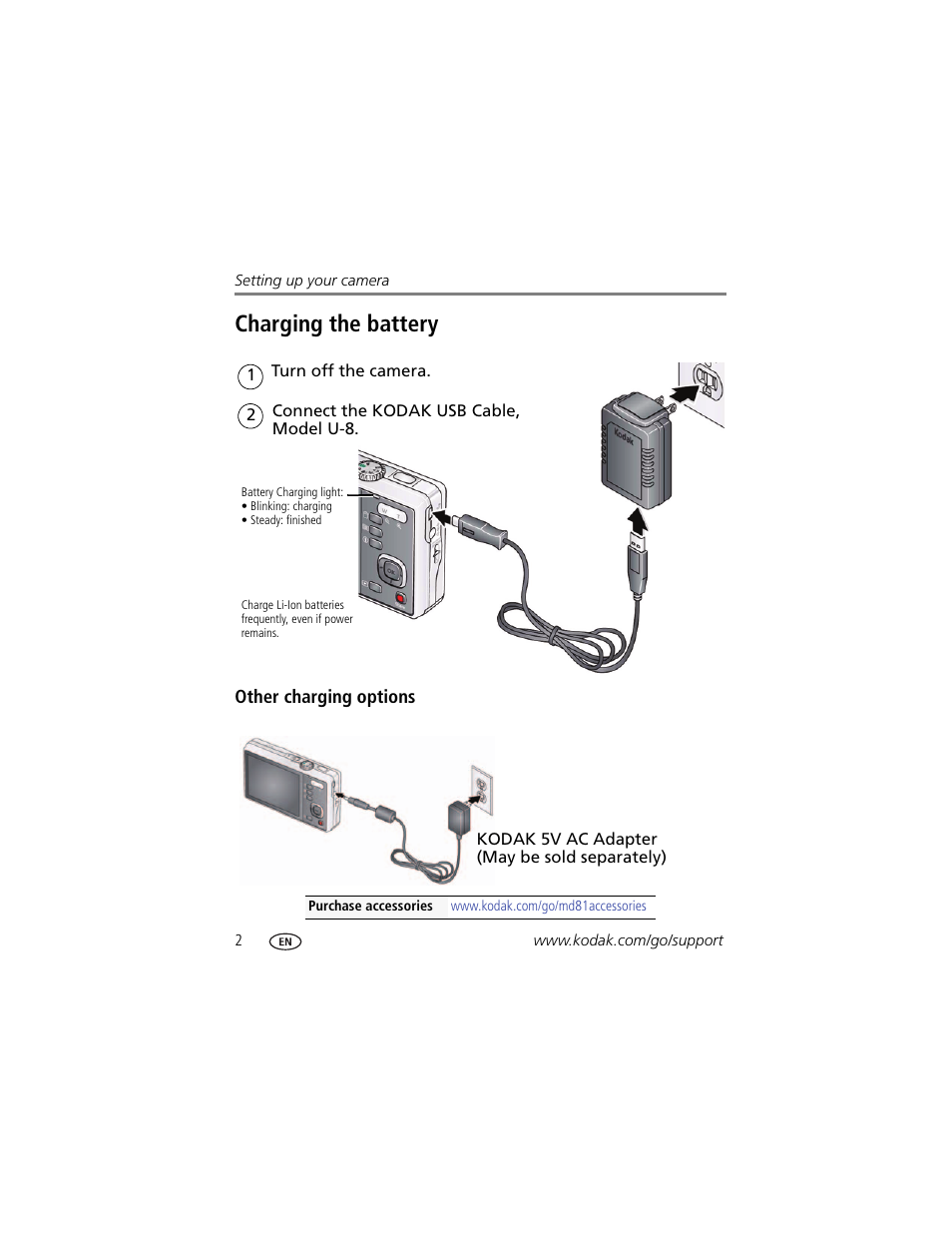 Charging the battery, Other charging options | Kodak MD81 User Manual | Page 8 / 66