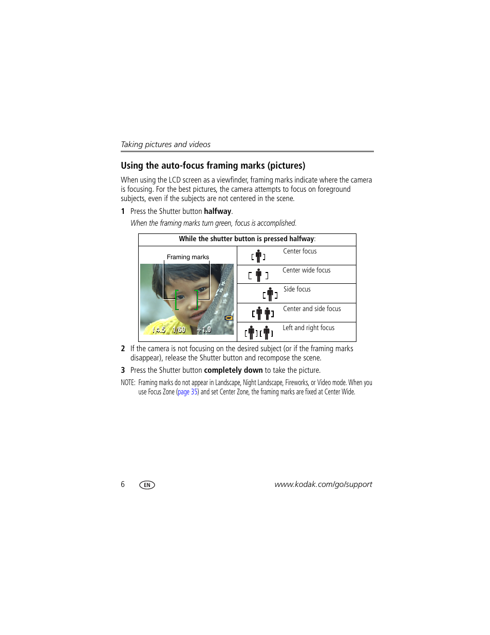 Using the auto-focus framing marks (pictures) | Kodak Z700 User Manual | Page 12 / 78