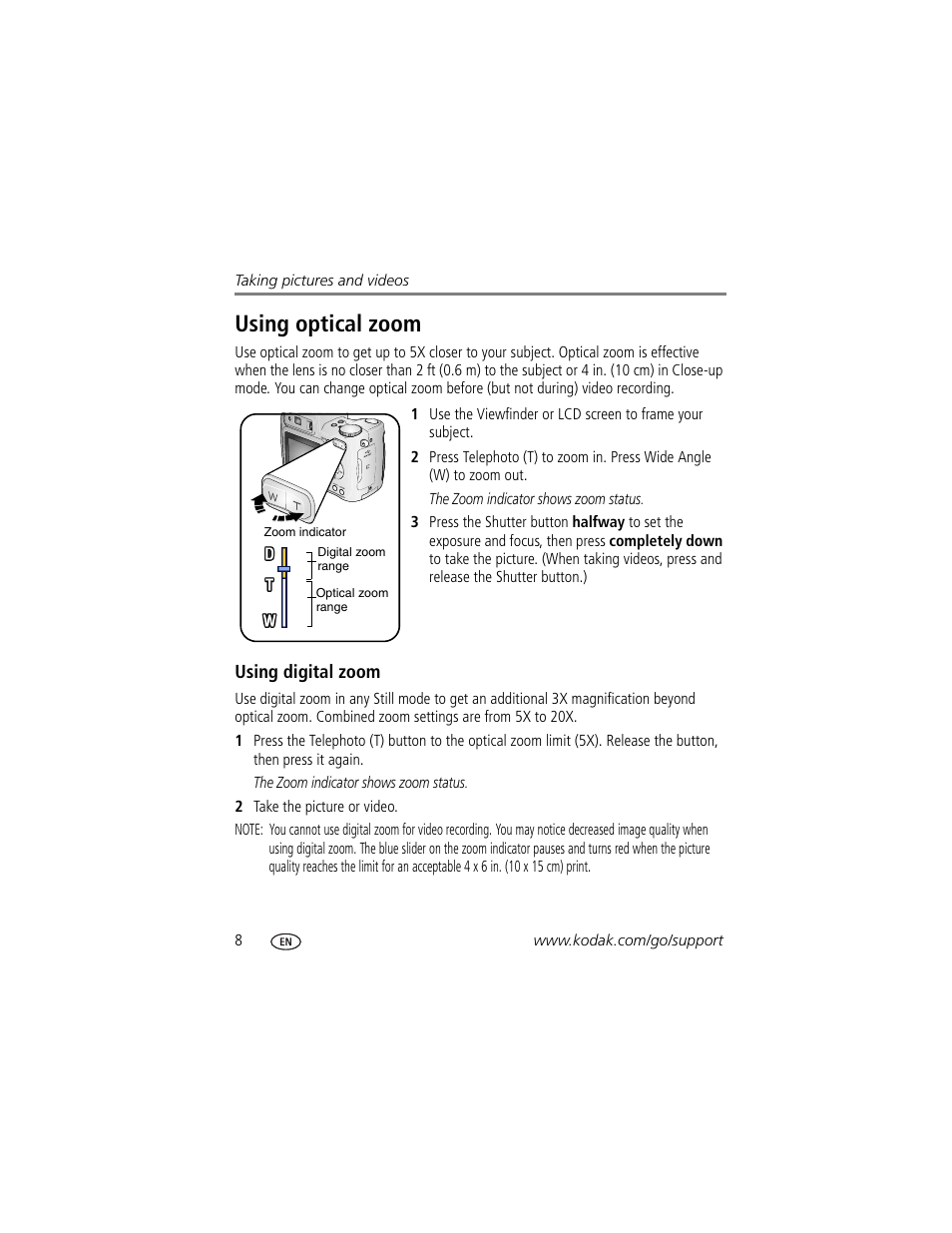 Using optical zoom, Using digital zoom | Kodak Z700 User Manual | Page 14 / 78