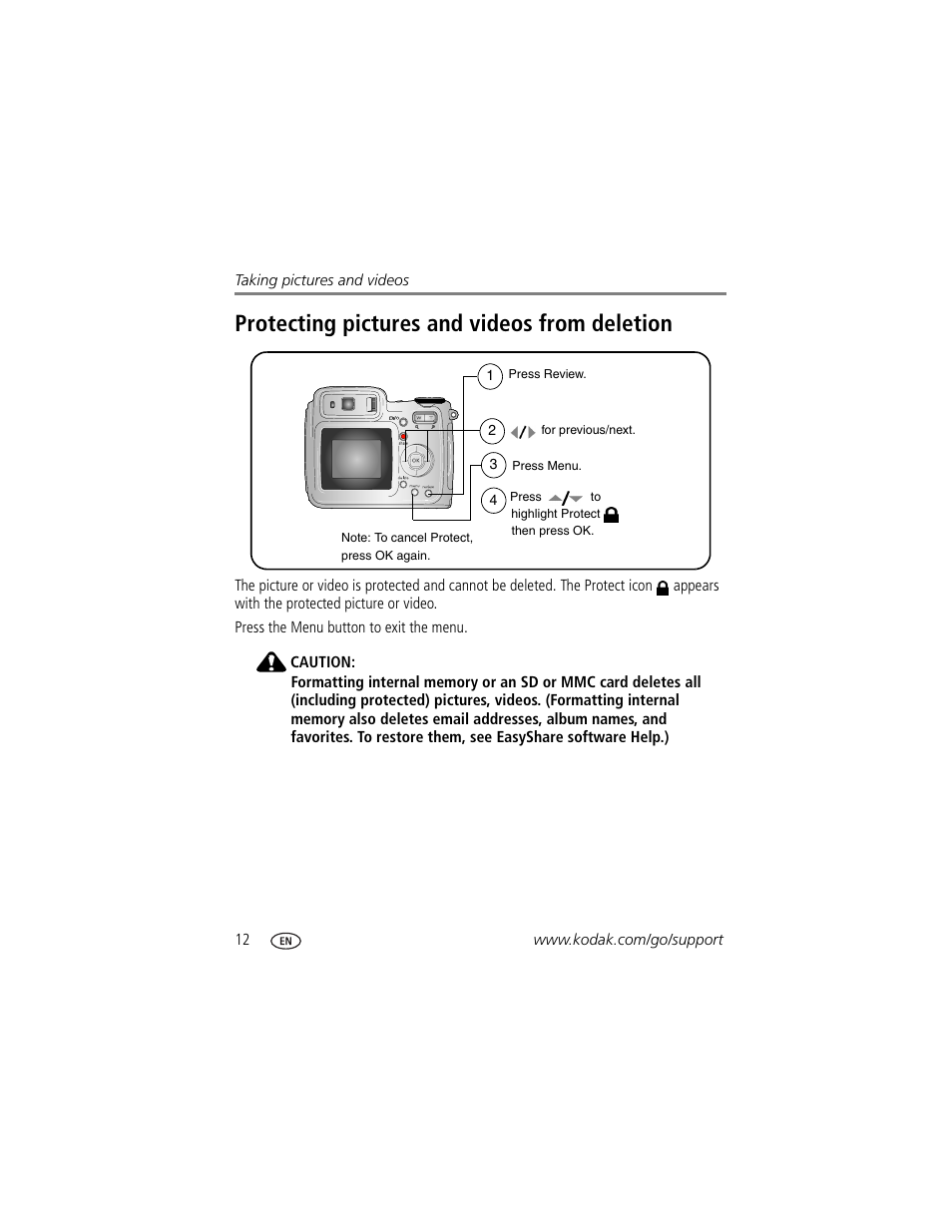 Protecting pictures and videos from deletion | Kodak Z700 User Manual | Page 18 / 78