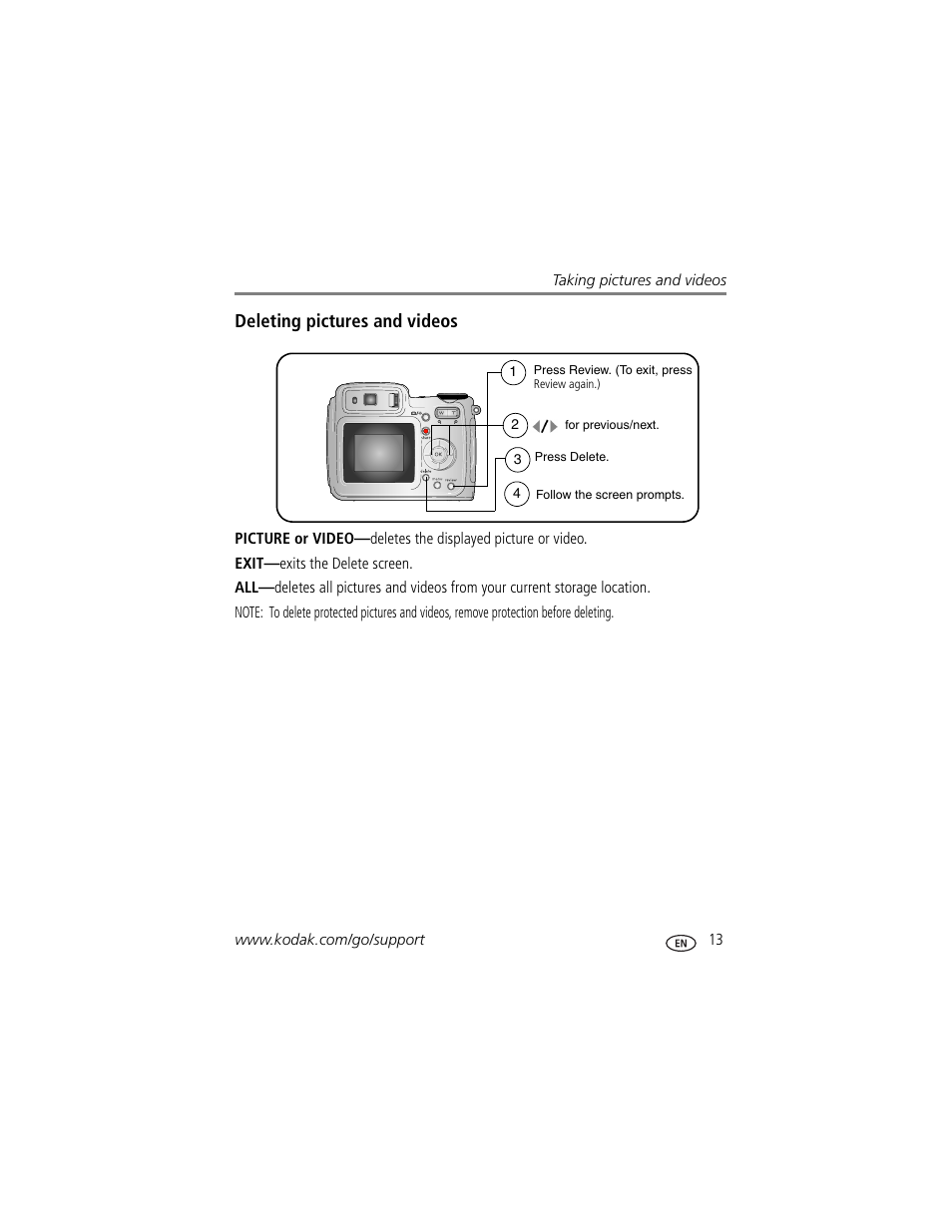 Deleting pictures and videos | Kodak Z700 User Manual | Page 19 / 78