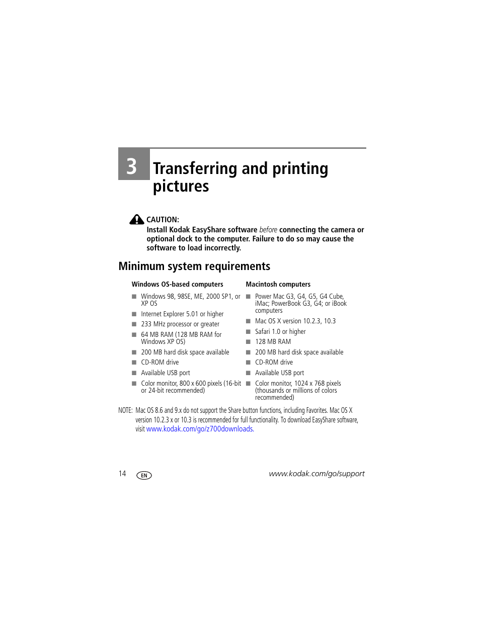 Transferring and printing pictures, Minimum system requirements, 3 transferring and printing pictures | Kodak Z700 User Manual | Page 20 / 78