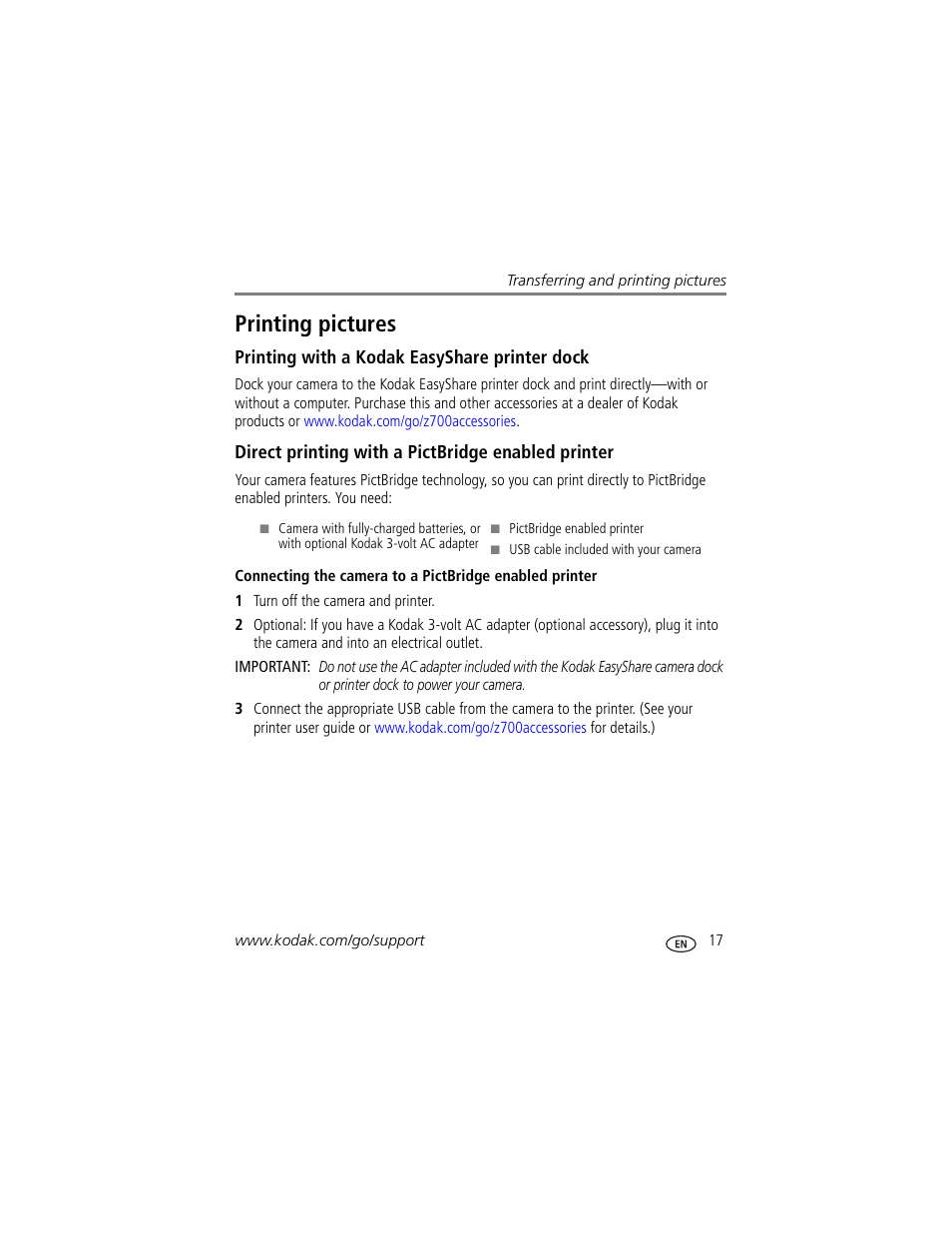 Printing pictures, Printing with a kodak easyshare printer dock, Direct printing with a pictbridge enabled printer | Kodak Z700 User Manual | Page 23 / 78