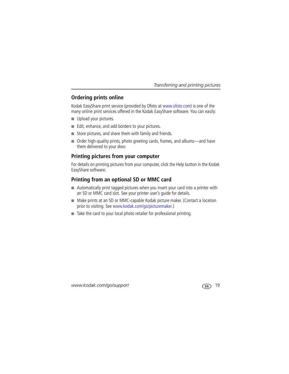 Ordering prints online, Printing pictures from your computer, Printing from an optional sd or mmc card | Kodak Z700 User Manual | Page 25 / 78