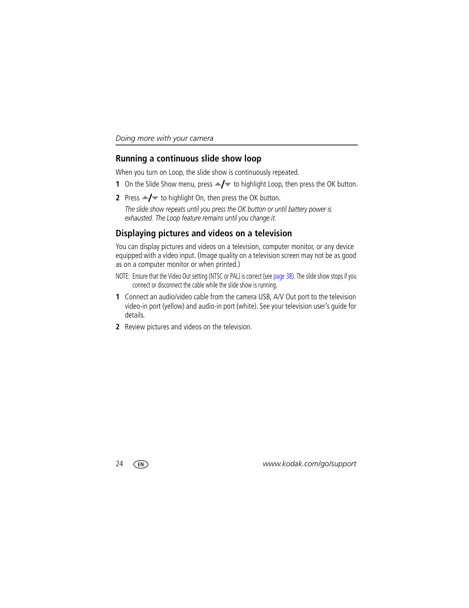 Running a continuous slide show loop, Displaying pictures and videos on a television | Kodak Z700 User Manual | Page 30 / 78