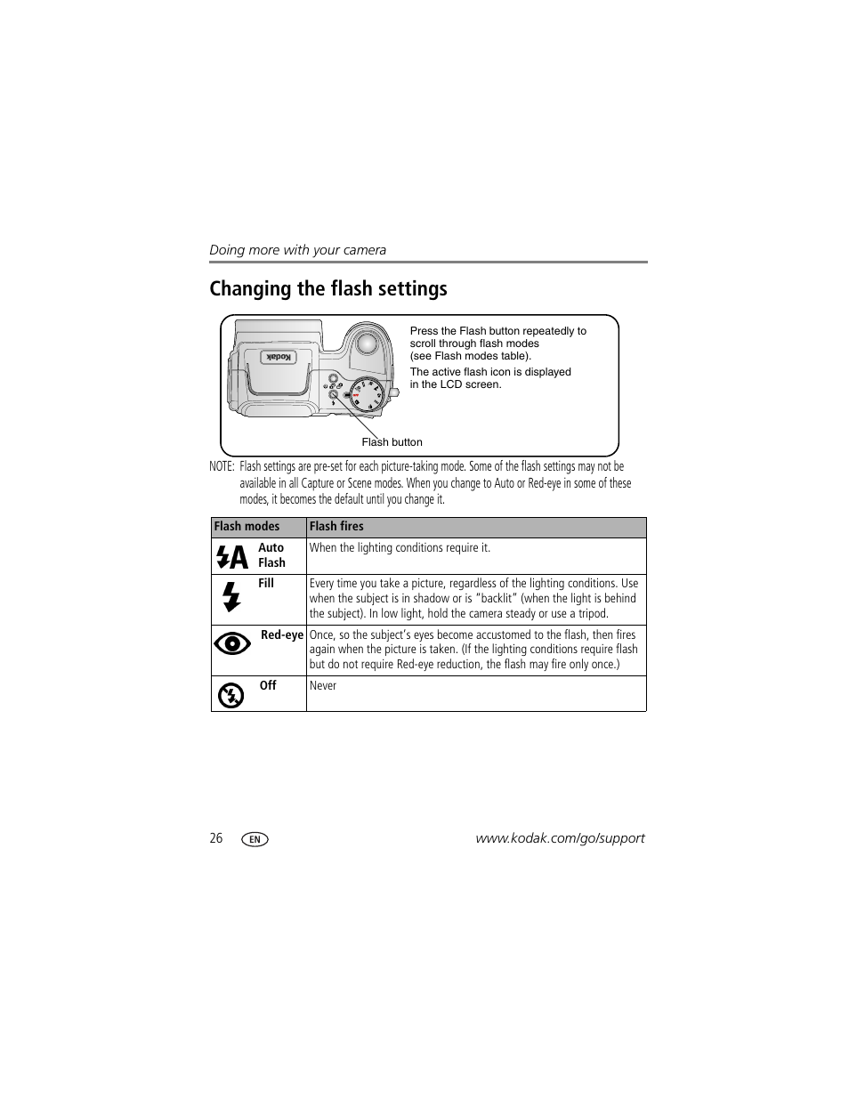 Changing the flash settings | Kodak Z700 User Manual | Page 32 / 78