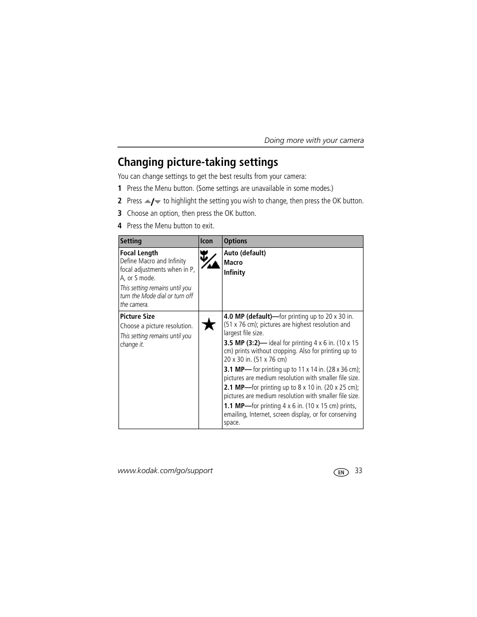Changing picture-taking settings | Kodak Z700 User Manual | Page 39 / 78