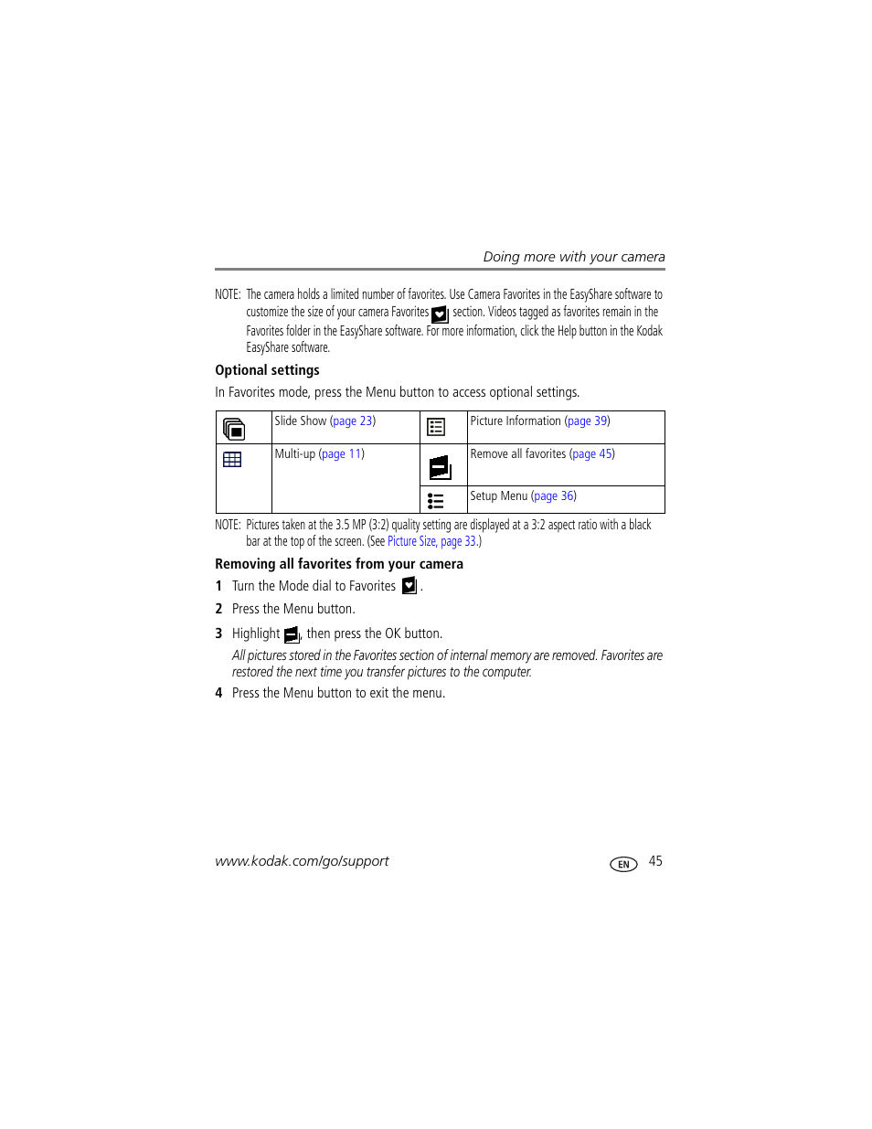 Optional settings, Removing all favorites from your camera | Kodak Z700 User Manual | Page 51 / 78