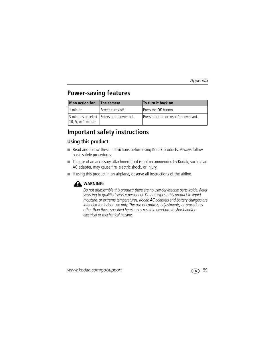 Power-saving features, Important safety instructions, Using this product | Kodak Z700 User Manual | Page 65 / 78
