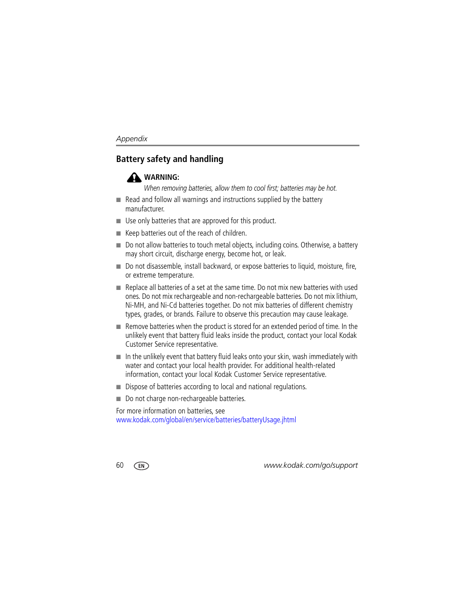 Battery safety and handling | Kodak Z700 User Manual | Page 66 / 78