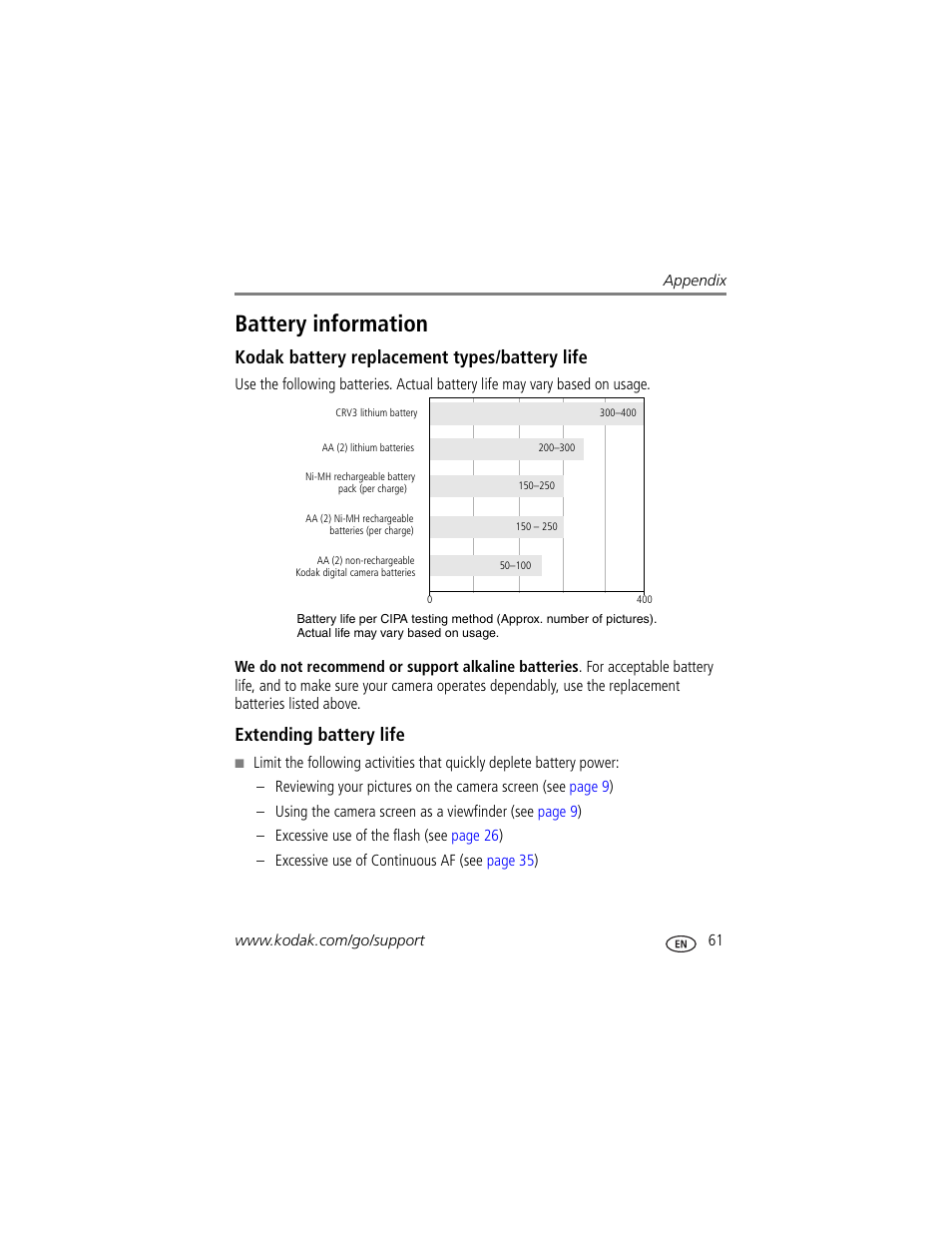 Battery information, Kodak battery replacement types/battery life, Extending battery life | Again. see | Kodak Z700 User Manual | Page 67 / 78