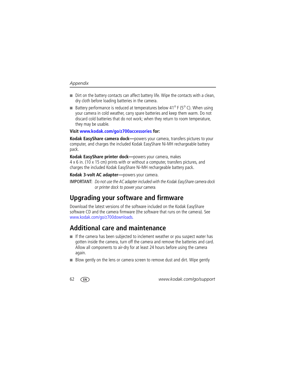 Upgrading your software and firmware, Additional care and maintenance | Kodak Z700 User Manual | Page 68 / 78