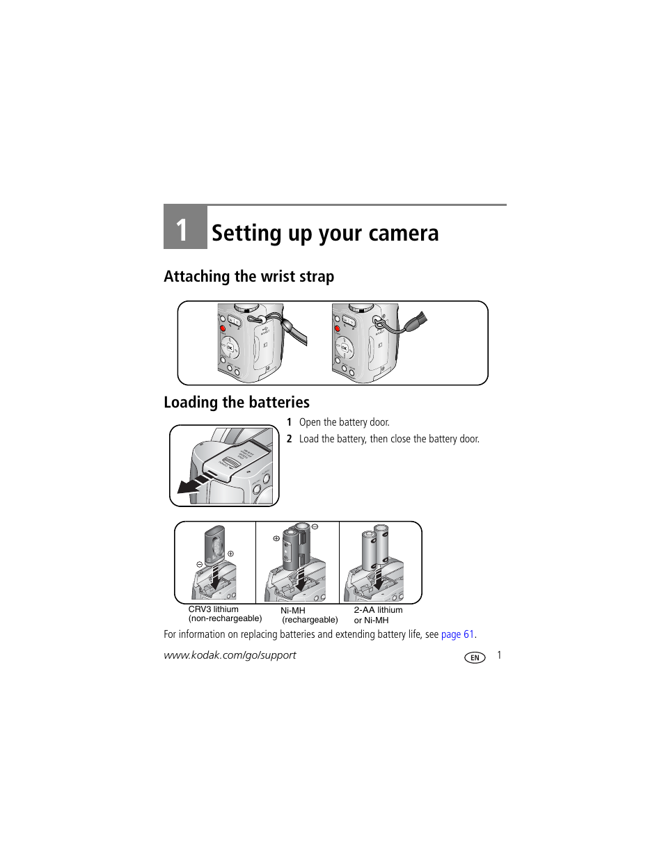 Setting up your camera, Attaching the wrist strap, Loading the batteries | 1 setting up your camera, Attaching the wrist strap loading the batteries | Kodak Z700 User Manual | Page 7 / 78