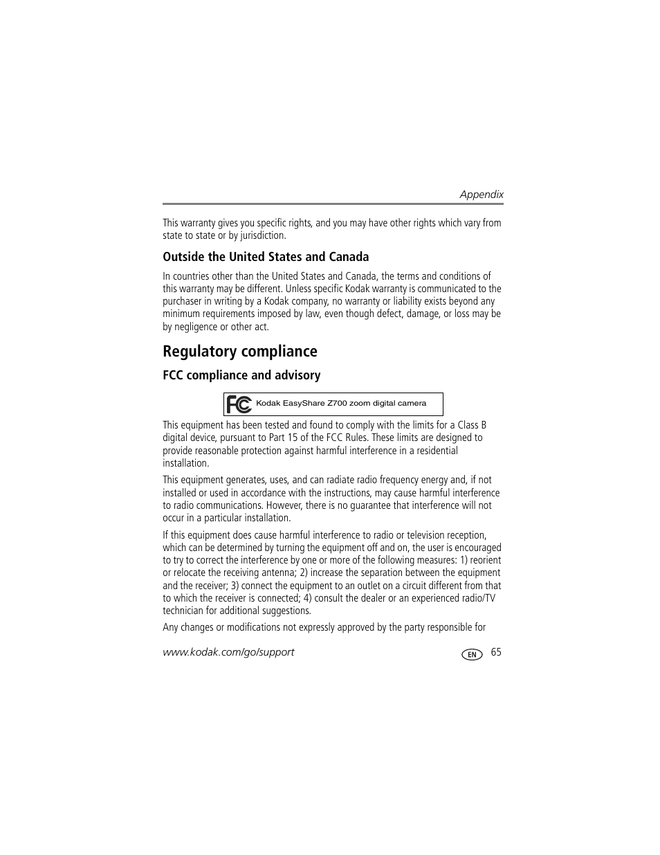 Outside the united states and canada, Regulatory compliance, Fcc compliance and advisory | Kodak Z700 User Manual | Page 71 / 78
