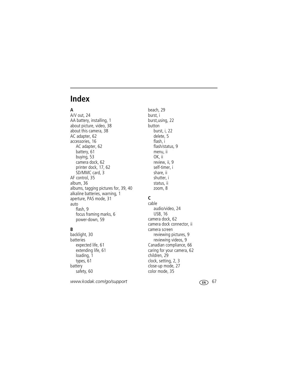 Index | Kodak Z700 User Manual | Page 73 / 78