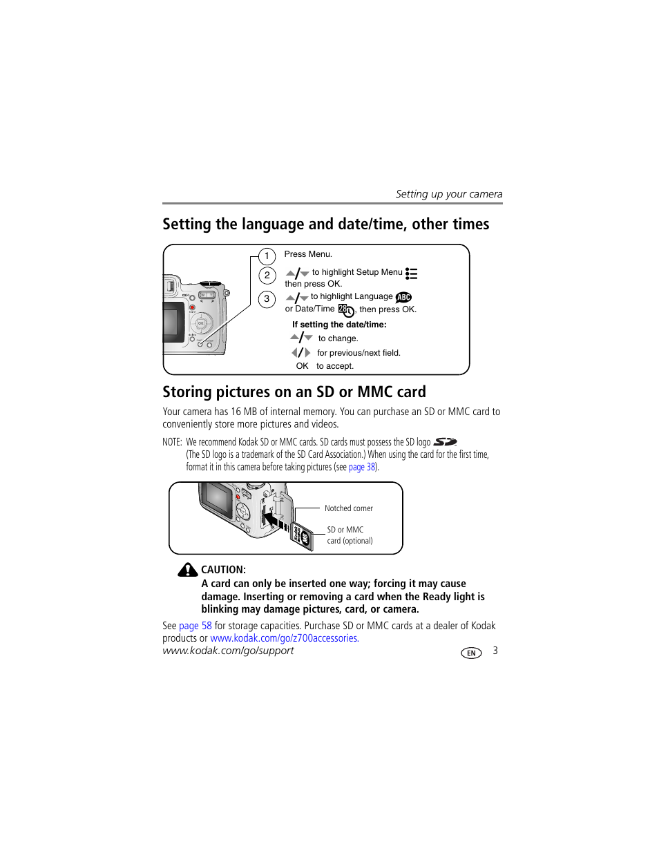 Setting the language and date/time, other times, Storing pictures on an sd or mmc card | Kodak Z700 User Manual | Page 9 / 78