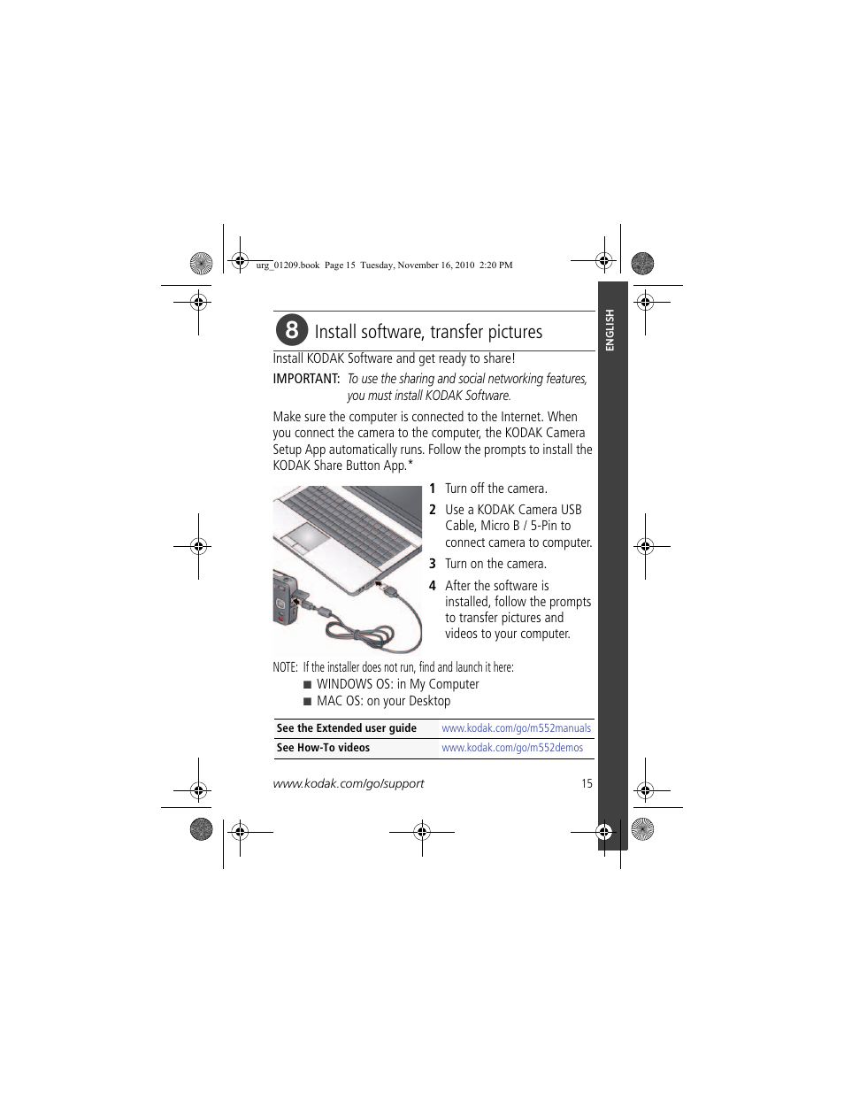 Install software, transfer pictures | Kodak M552 User Manual | Page 15 / 26