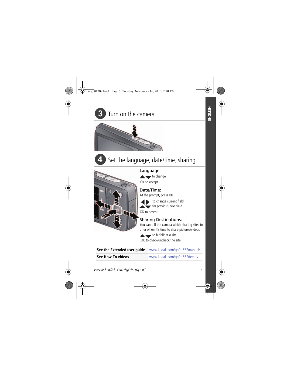 Turn on the camera, Set the language, date/time, sharing | Kodak M552 User Manual | Page 5 / 26