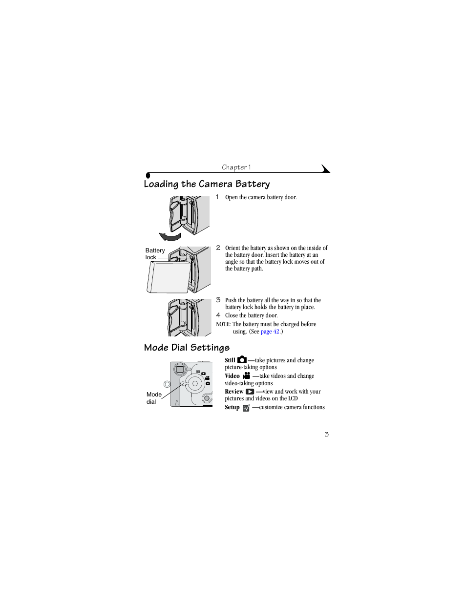 Loading the camera battery, Mode dial settings, Loading the camera battery mode dial settings | Kodak LS420 User Manual | Page 13 / 90