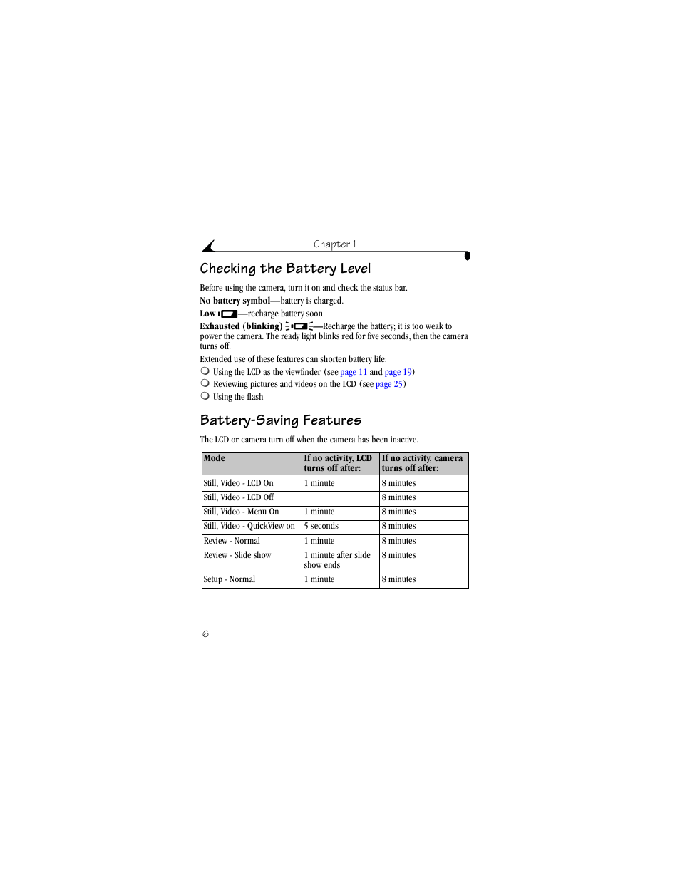 Checking the battery level, Battery-saving features, Checking the battery level battery-saving features | Kodak LS420 User Manual | Page 16 / 90