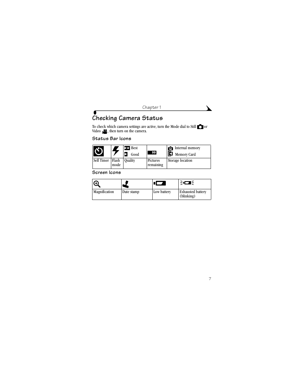 Checking camera status, Status bar icons | Kodak LS420 User Manual | Page 17 / 90