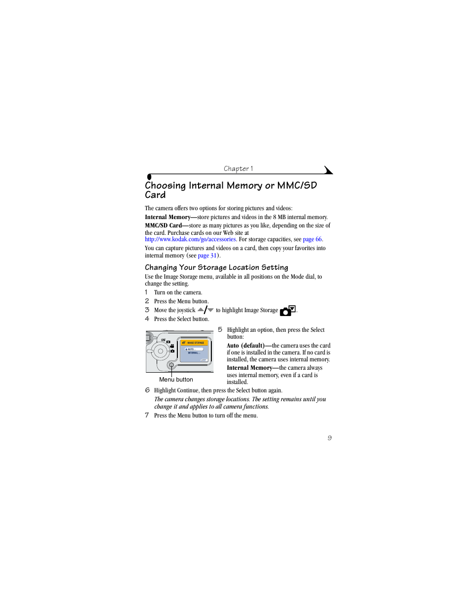 Choosing internal memory or mmc/sd card, Changing your storage location setting | Kodak LS420 User Manual | Page 19 / 90