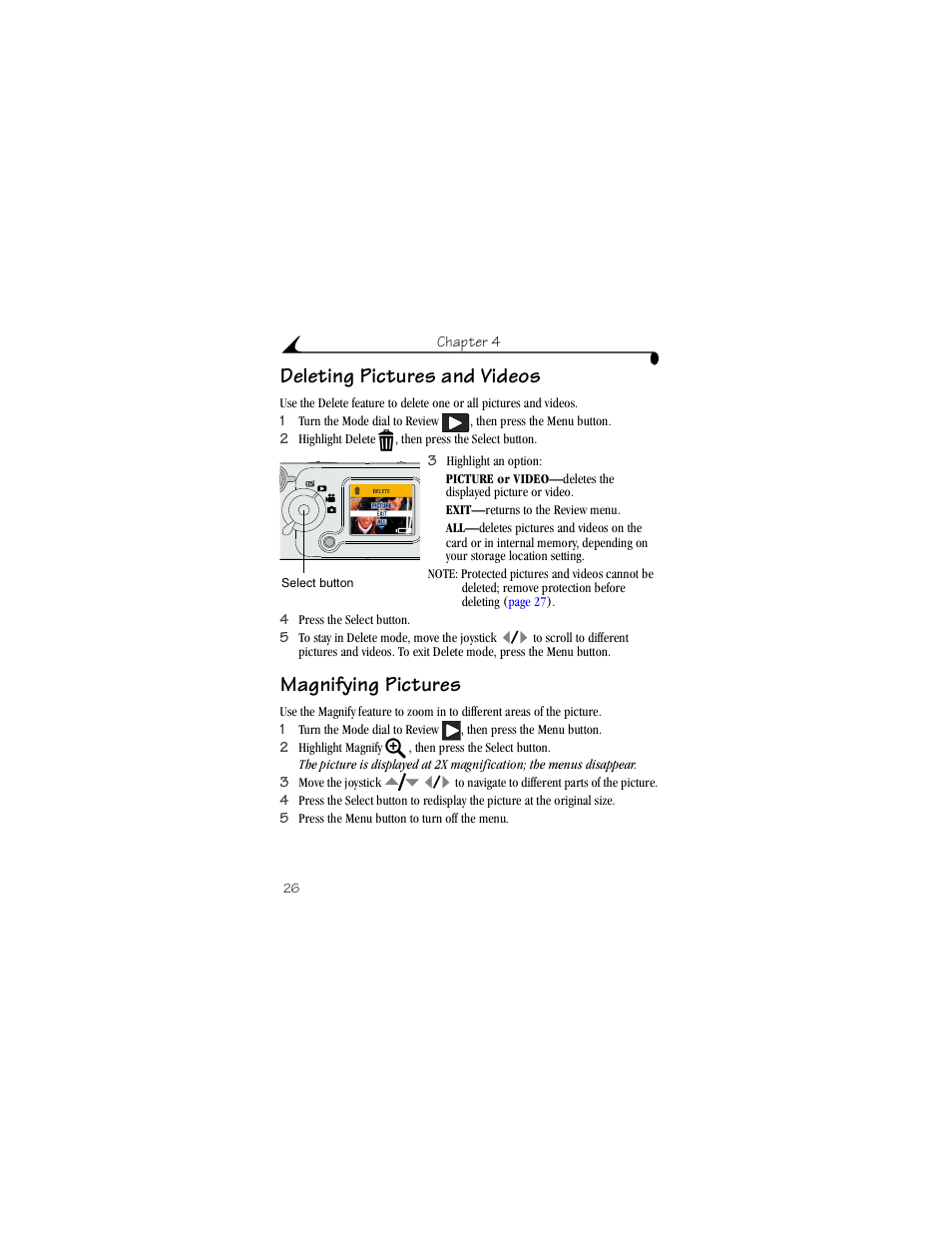 Deleting pictures and videos, Magnifying pictures, Deleting pictures and videos magnifying pictures | Kodak LS420 User Manual | Page 36 / 90