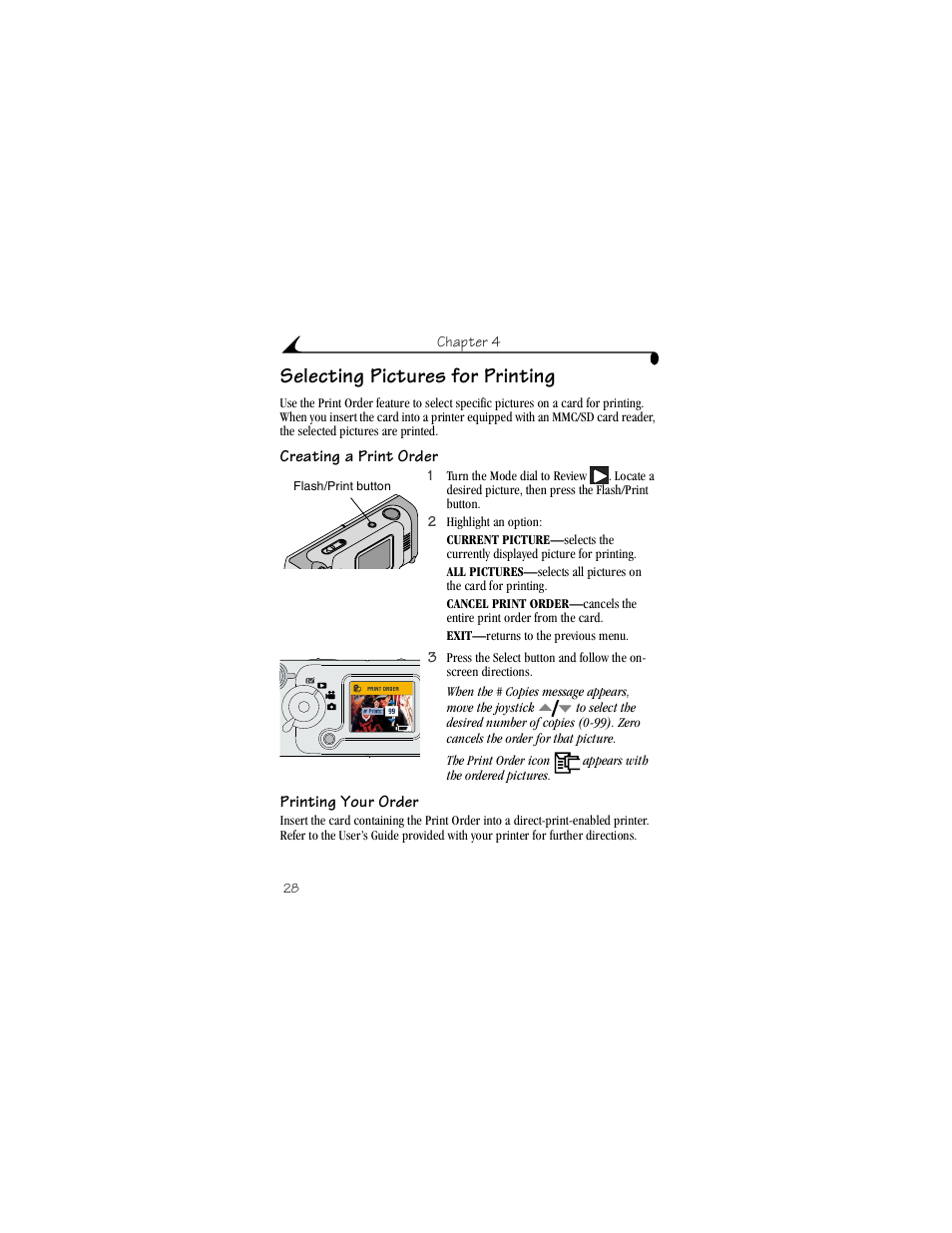 Selecting pictures for printing, Creating a print order, Printing your order | Kodak LS420 User Manual | Page 38 / 90