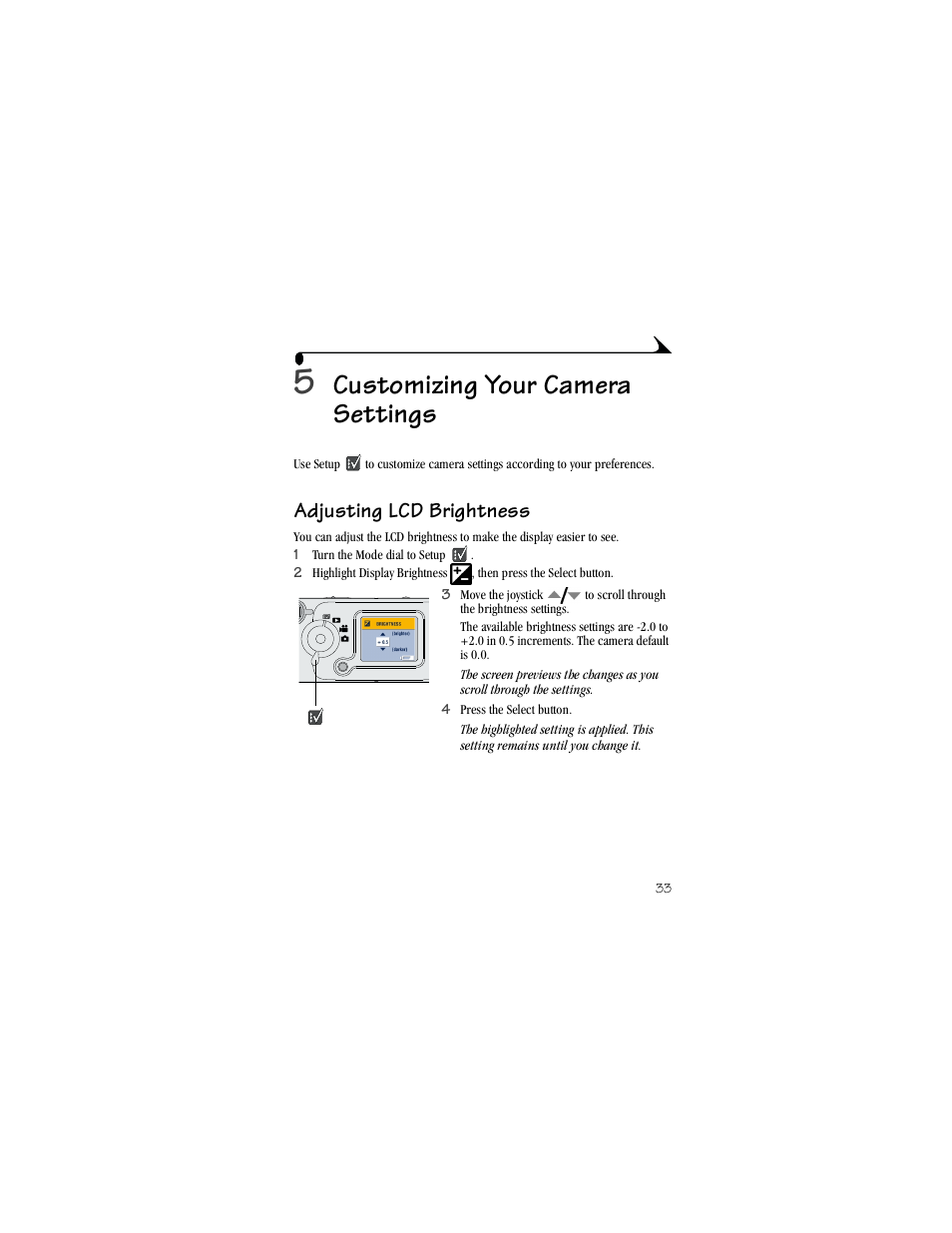 5 customizing your camera settings, Adjusting lcd brightness, Customizing your camera settings | Kodak LS420 User Manual | Page 43 / 90