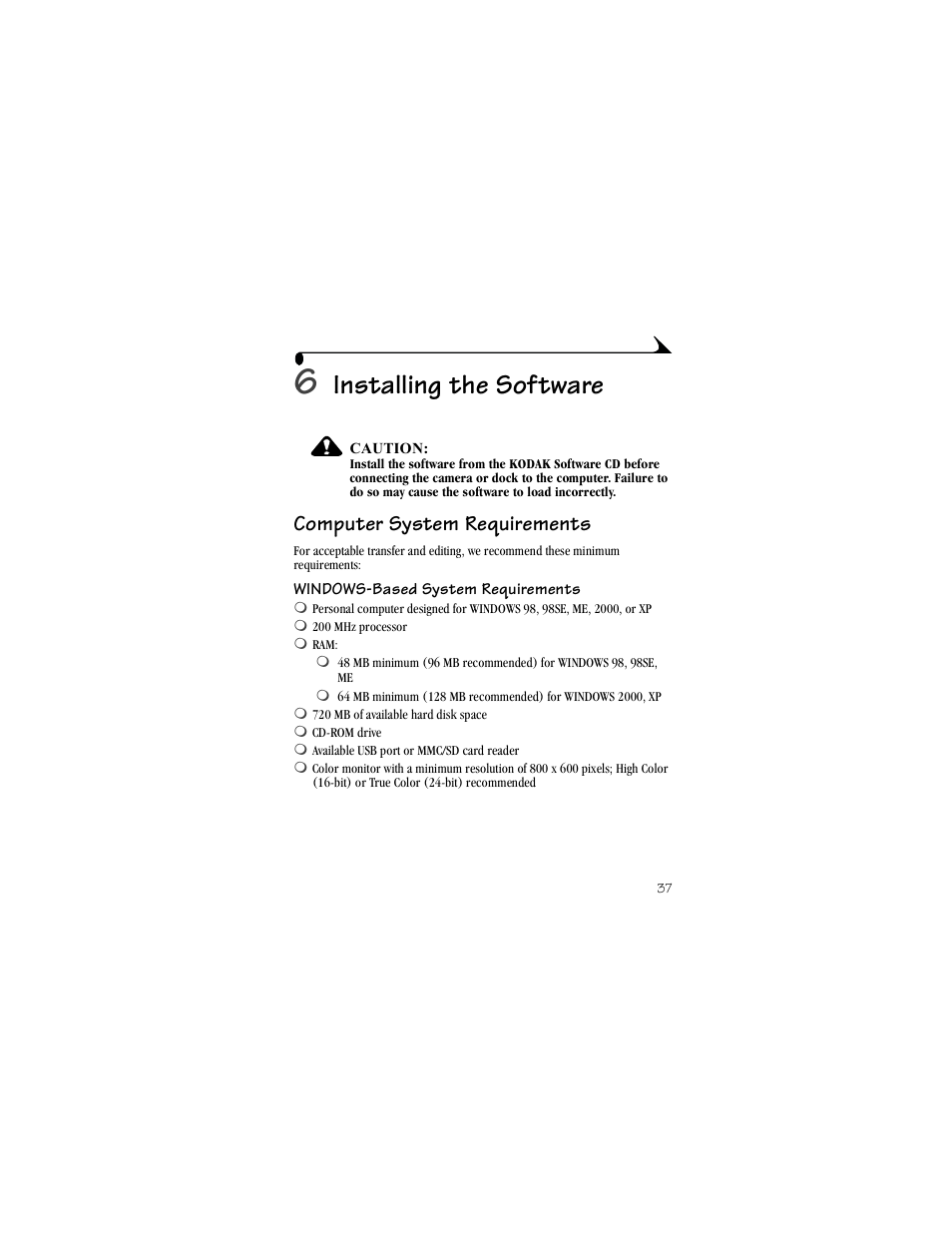 6 installing the software, Computer system requirements, Windows-based system requirements | Installing the software | Kodak LS420 User Manual | Page 47 / 90